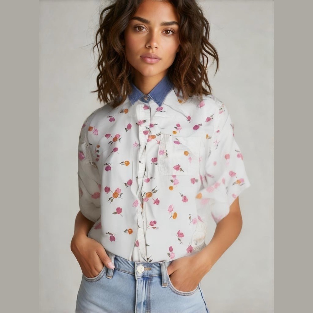 HGNY Blues Floral Print Oversized Cotton Denim Vintage